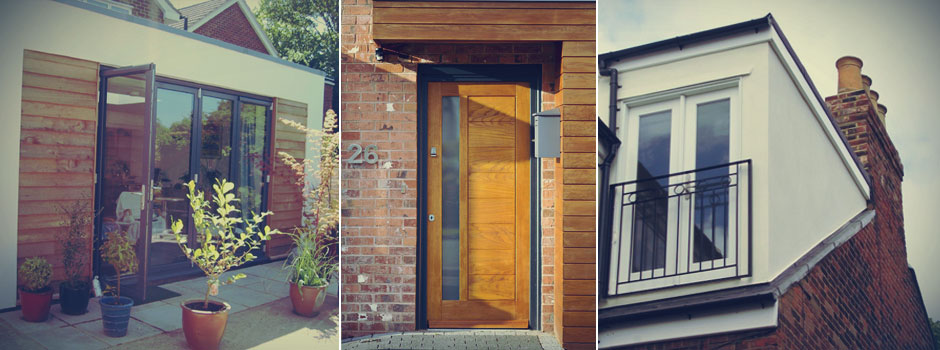Flat roof single storey extension, front door porch canopy & loft conversion dormer